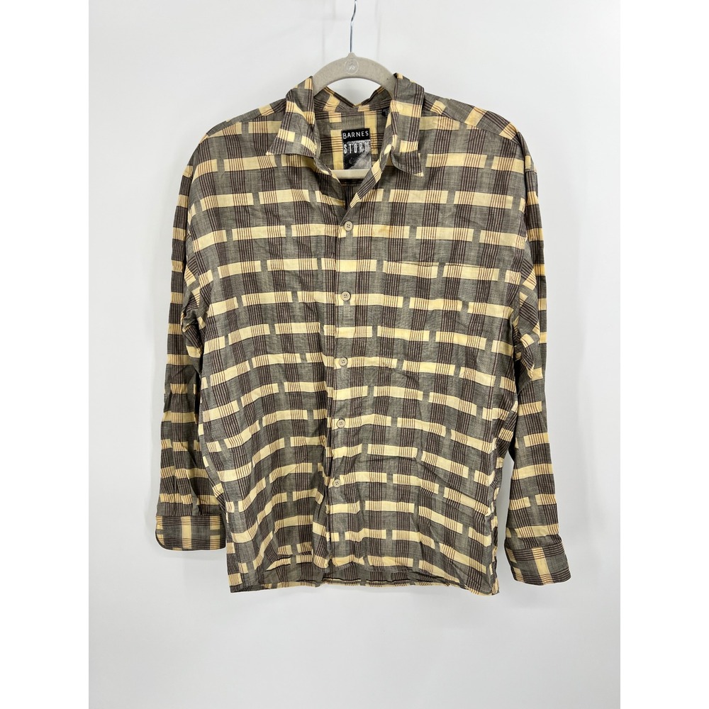 Barnes Storm Charcoal Yellow Plaid Button Down Shirt Mens Med Vintage 90s Cotton